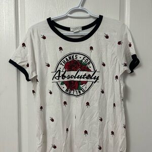 White T-Shirt with Rose Print and Black Trim